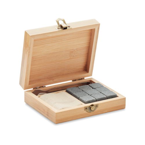 Set pentru whisky, 10 piese, 13x10,9x3,8 cm, Everestus, 20SEP0645, Piatra, Bambus, Natur, saculet inclus