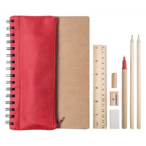 Set agenda A5 si pix, 7 piese, 155×210×9 mm, Everestus, 20FEB10274, Hartie reciclata, Rosu, Natur, lupa de citit inclusa